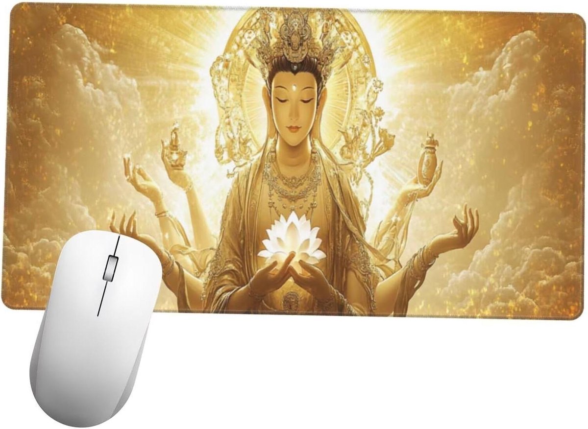 XXL Muismat - Bureaumat Laptop - Gaming Kantoor - Waterdicht Antislip - 120x60 cm - Goud Boeddha