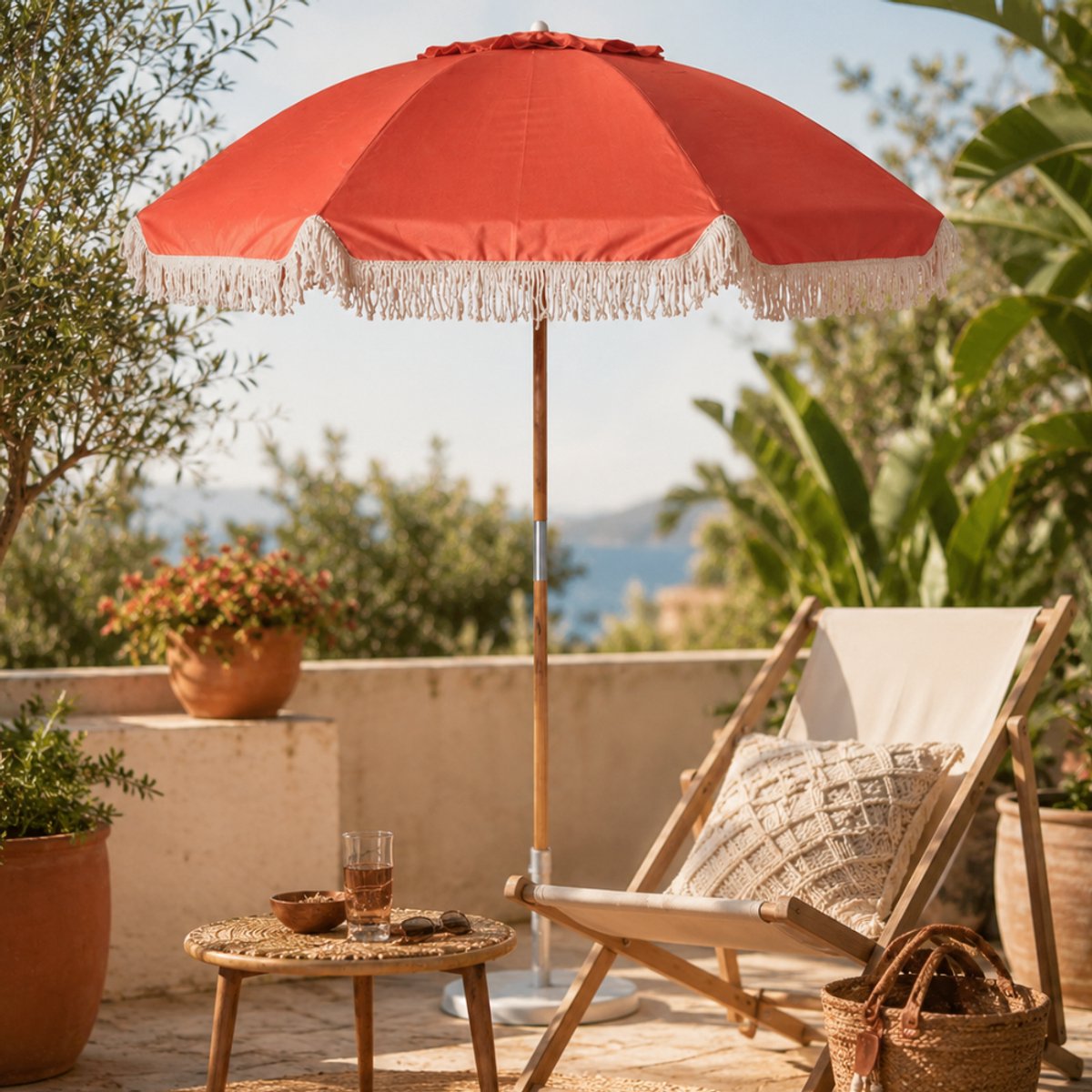 HIXA Parasol met Franjes - Houten paal - Stokparasol - Terra Bruin - 180CM - Strandparasol - Tuin Accessoires - Balkon parasol - Bohemian - Ibiza - Stokdiameter 3cm - CHARLIE thumbnail 3