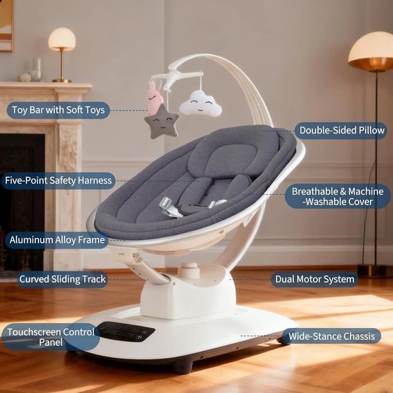 Joorly Electrische Wipstoel - Wipstoel Baby - Eetstoel baby - Kinderstoel - Slimme Afstandsbediening - 5D-schommeltechnologie - Adaptieve Verstelingsmodus - Voor Baby's van 0-6 maanden - Beige — afbeelding 3
