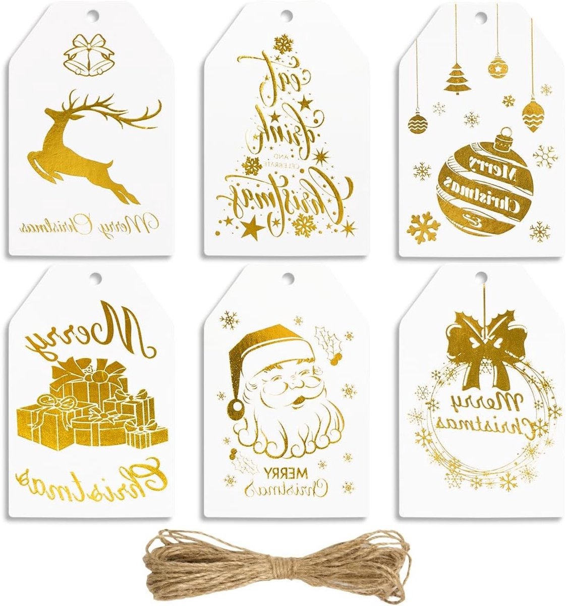 Kerst Kraft Cadeau Labels, 60 Stuks met 6 Ontwerpen, Witte en Gouden Papieren Stickers voor Cadeauverpakking en Kerstboomdecoratie