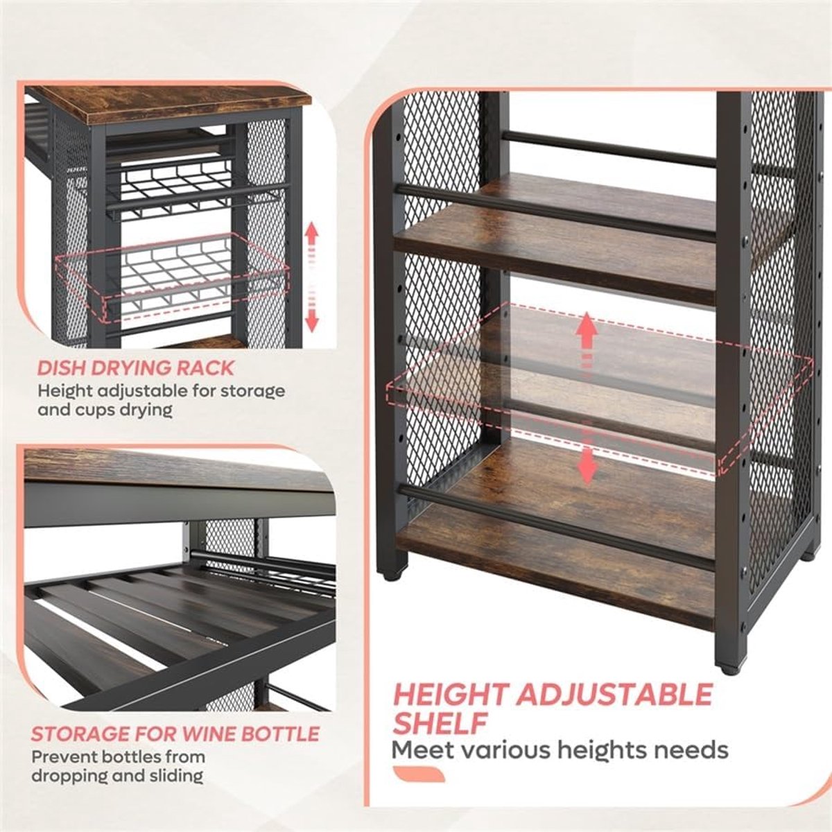 IndustrialWine Loft Bartafelset met 2 Barkrukken, Wijnrek, Glashouder en 3 Open Opbergplanken 140 x 40 x 91 cm – Industriële Hoge Eettafel voor Keuken, Bar, Bistro en Woonkamer – Bruin
