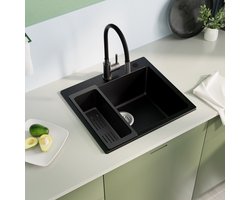 Sofetiy Max Gootsteen Keuken Zwart - Spoelbak 50x45cm - Anti-Geur Sifon met Vaatwasser Aansluiting - Geluiddempend Composiet - Inclusief Accessoires & Afdruiprek