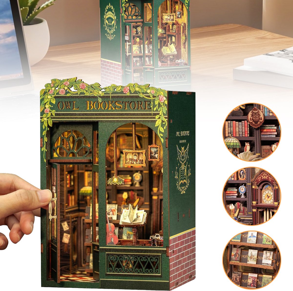 Boekhoek Kit Uilenboekhandel - 3D Houten Puzzel Voor Volwassenen - Miniatuurhuisje Om Zelf Te Maken Met Led-Verlichting