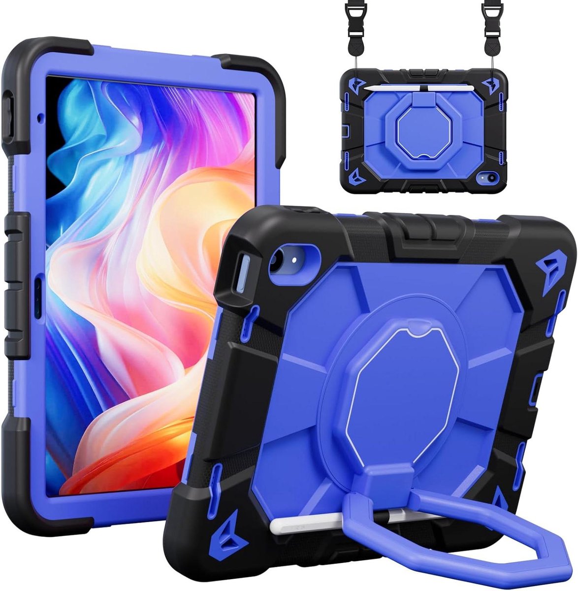 Tablethoes Kinderen - Beschermhoes Tablet - Robuuste Bescherming - Met Standaard & Riem - 109 Inch - Zwart Blauw