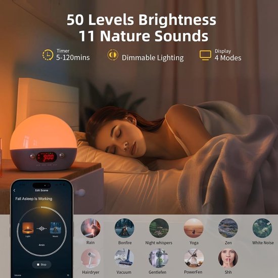 Wekker Nachtlampje - Wake Up Light - Rustig Ontwaken - Zonsopgang Simulatie - 11 Geluiden - Grijs — afbeelding 5