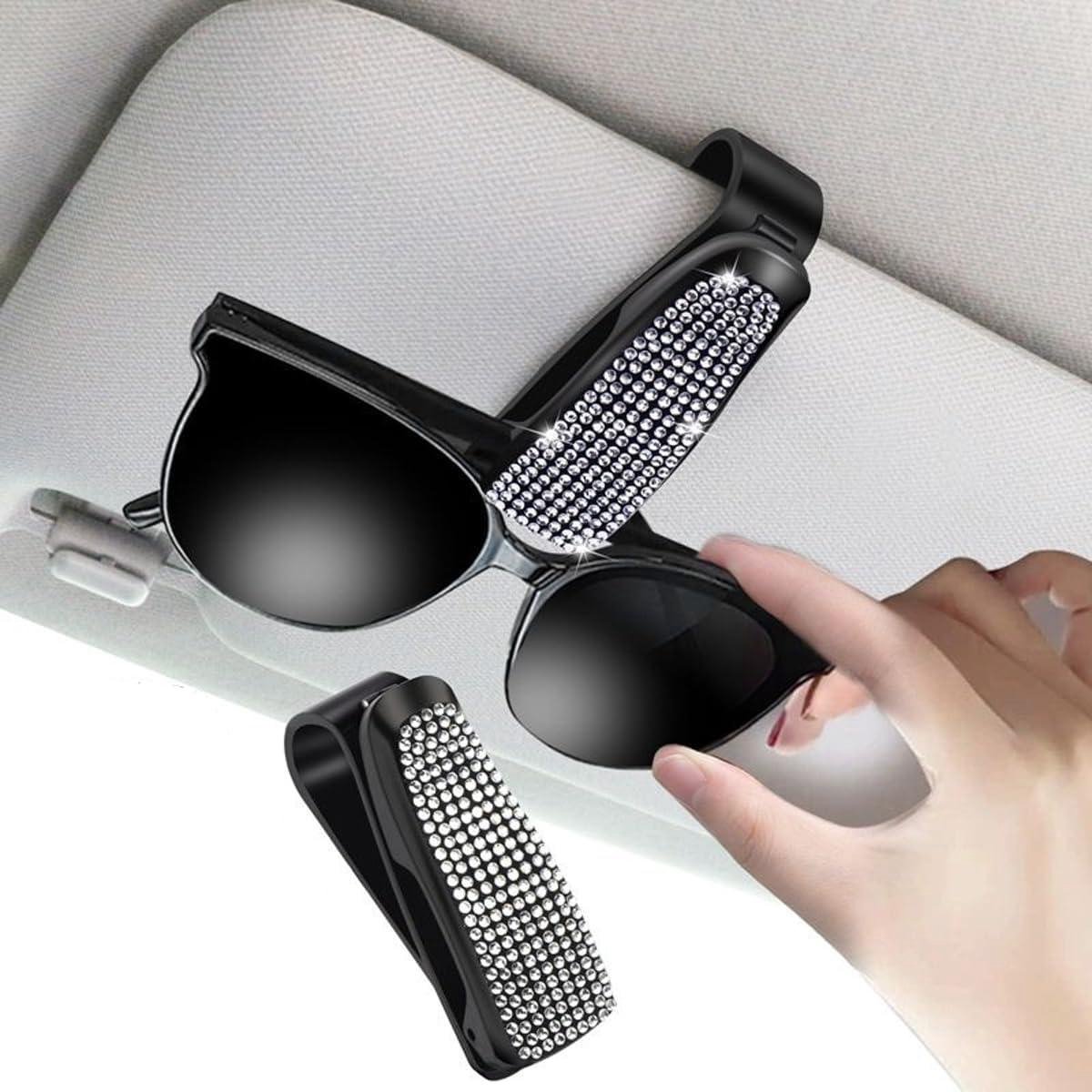 Zonnebrilhouder Auto - Brilclip Houder - Veilig Rijden - Strass Decoratie - 2 Stuks - Wit