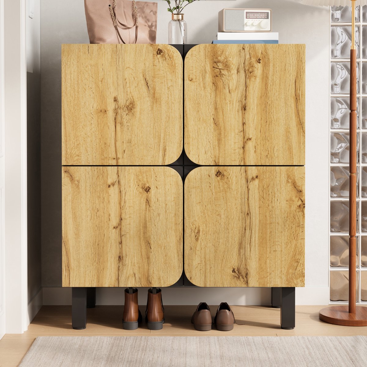 MODFU - Schoenenkast - 4 Deuren En Verstelbare Legplanken - Modern - Voor Hal - MDF - Zwart En Naturel - 80 X 38,5 X 95 Cm