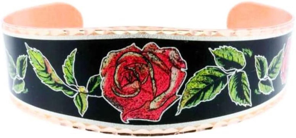 Bloemen Armband - Manchet Armband - Feestelijke Accessoire - Handgemaakt Koperwerk - Open Manchet - Zwart