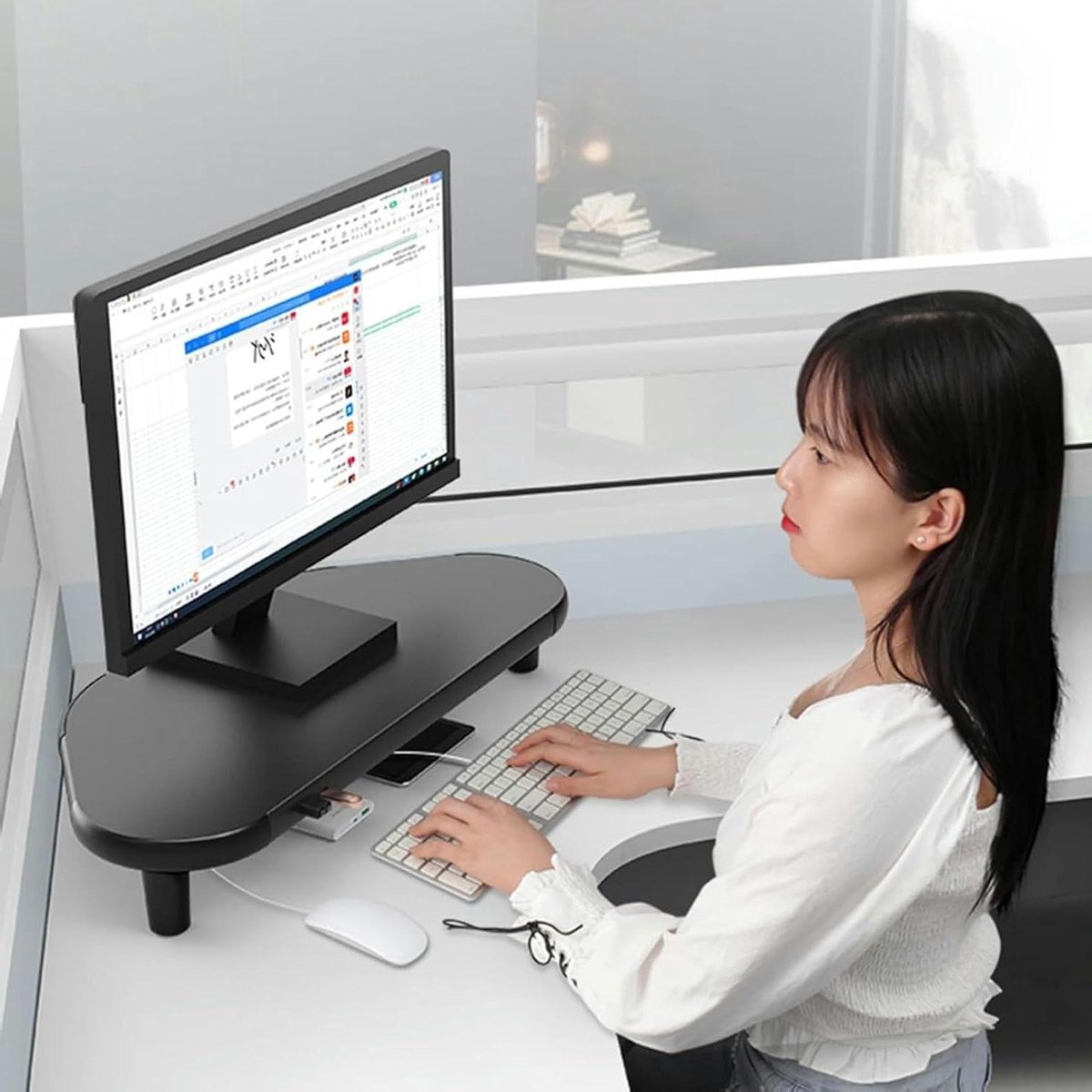 Monitor standaard - Bureau verhoger - Comfortabel werken - Met USB-poorten - 58 cm breed - Zwart