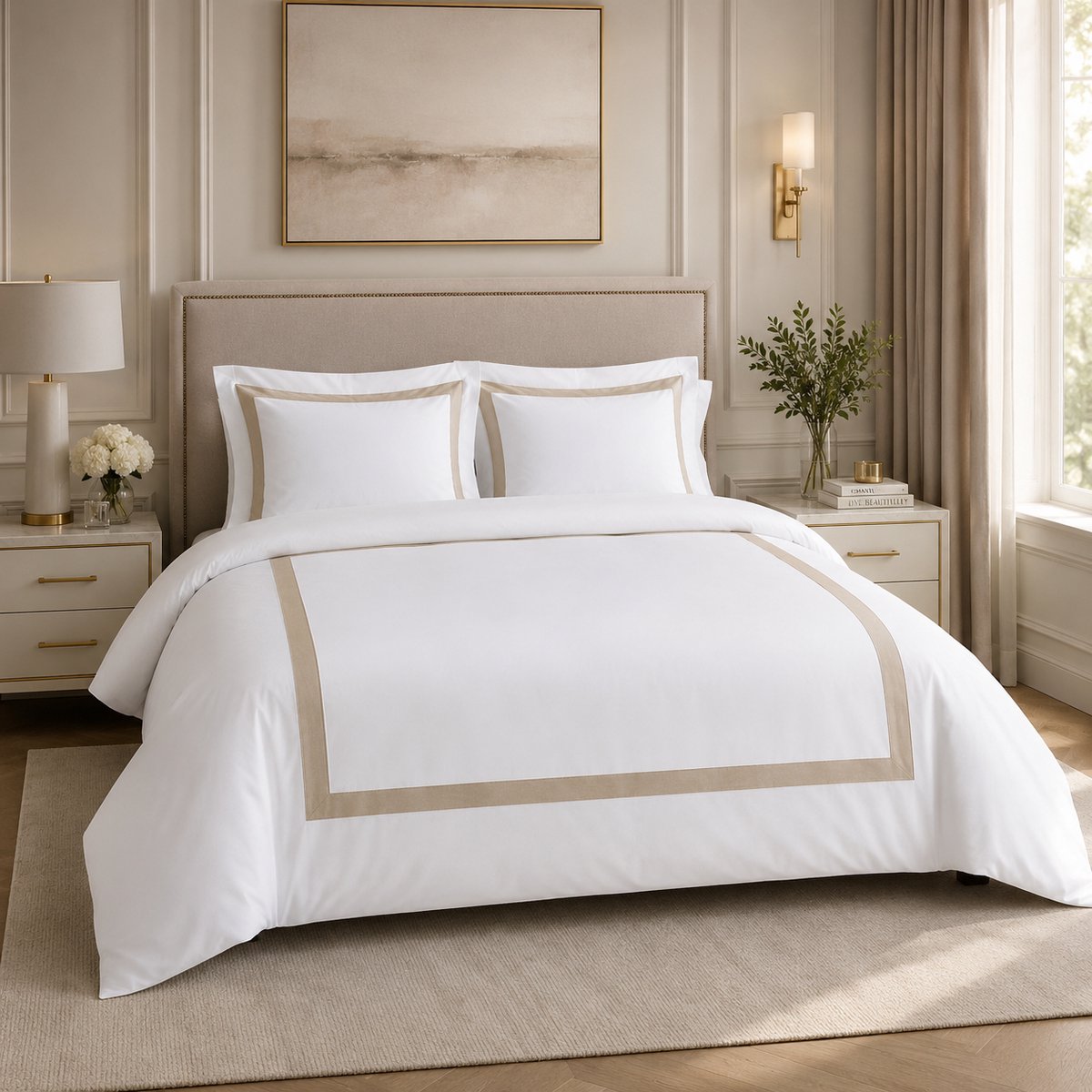 Luxe Dekbedovertrek Lauraline – 100% Katoen – 240 x 220 cm – Wit/Beige – Hotelkwaliteit – Ademend & Zacht - Incl. 2 Slopen