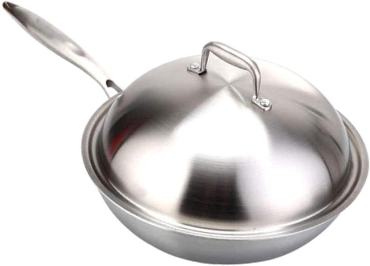 Wokpan Roestvrij Staal - Koekenpan Kookpan - Gezond Koken - 3-laags Anti-aanbaklaag - 32 cm - Zilver