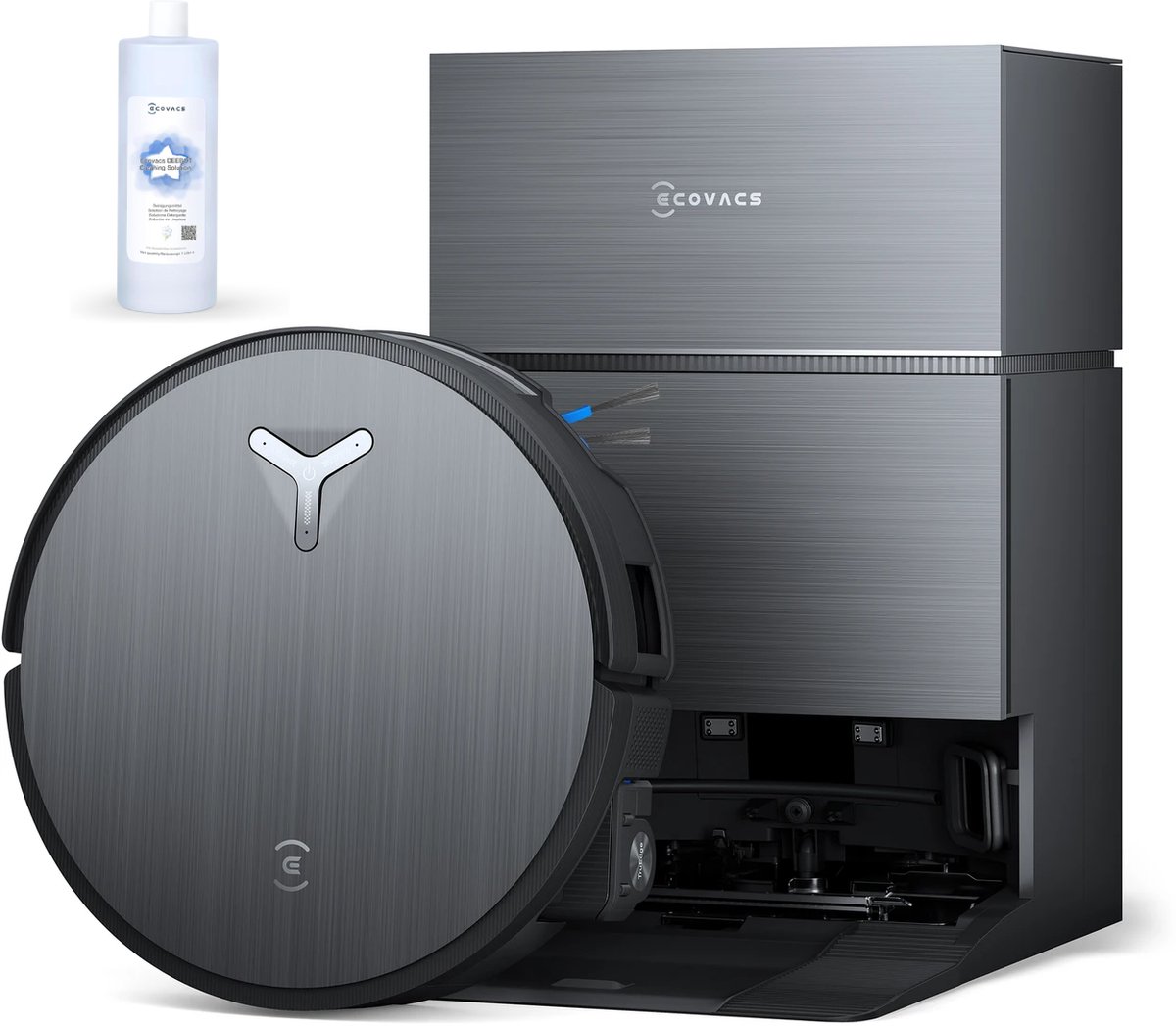 ECOVACS DEEBOT X11 PRO OMNI Robotstofzuiger – 19.500 Pa – PowerBoost snelladen–OZMO roller dweil –ZeroTangle 3.0 anti-haarwikkel –AI vlekdetectie 2.0 – OMNI 2.0 station Zelfreinigend – voor harde vloeren en tapijt-Zwart-1000ml Schoonmaakmiddel