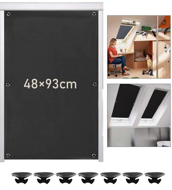 Rideau occultant noir 48x93cm avec ventouses. Enfants jouant dans une chambre mansardée.