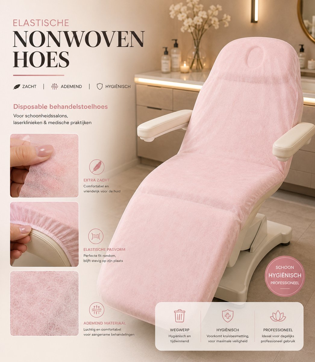 Behandelstoelhoes Wegwerp Roze – Nonwoven Disposable Beschermhoes voor Salon & Kliniek (10 Stuks) – Universeel voor Behandelstoel & Massagetafel tot 80x220 cm
