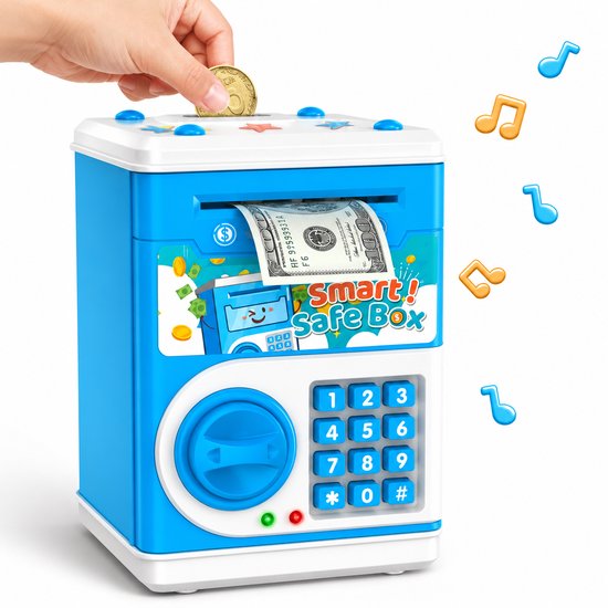 Boîte d'épargne bleue avec un couvercle blanc. Une main insère une pièce dans la fente. Un billet est automatiquement aspiré. Des notes de musique flottent autour de la boîte.