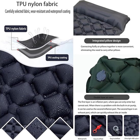 Dubbel Slaapmatje - Kampeer Mat - Buiten Ontspannen - Ingebouwde Voetpomp - 190x120cm - Navy Blauw — afbeelding 3