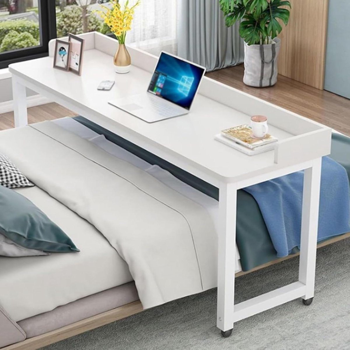 Bedtafel Op Wielen - Verrijdbaar Bureau - Ontbijt Op Bed - 3-Zijdige Beveiliging - 120 cm - Wit