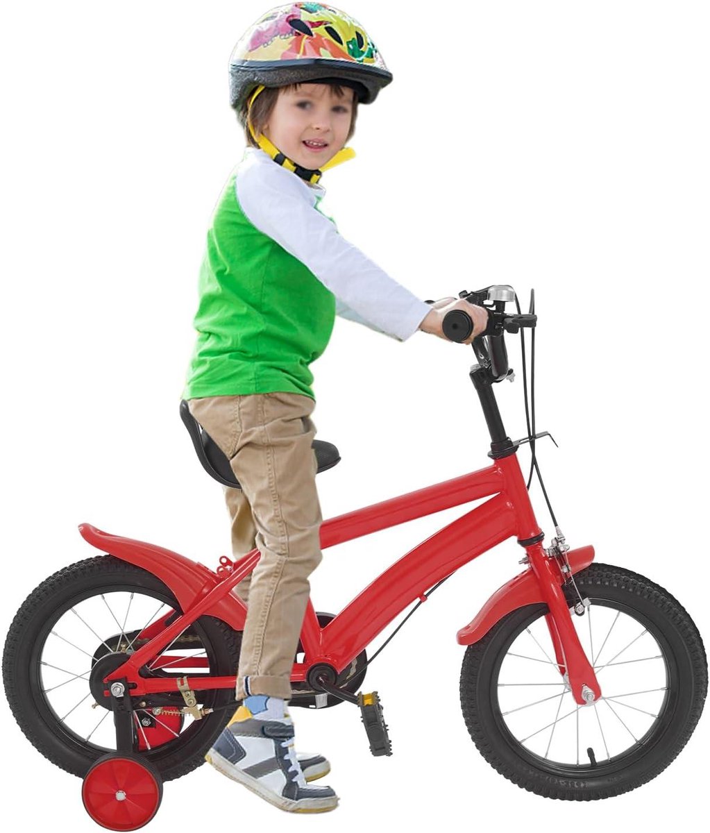 Kinderfiets 14 Inch - Loopfiets Steunwielen - Buiten Fietsen - Verstelbaar Zadel - 14 Inch Wielmaat - Wit Rood Geel