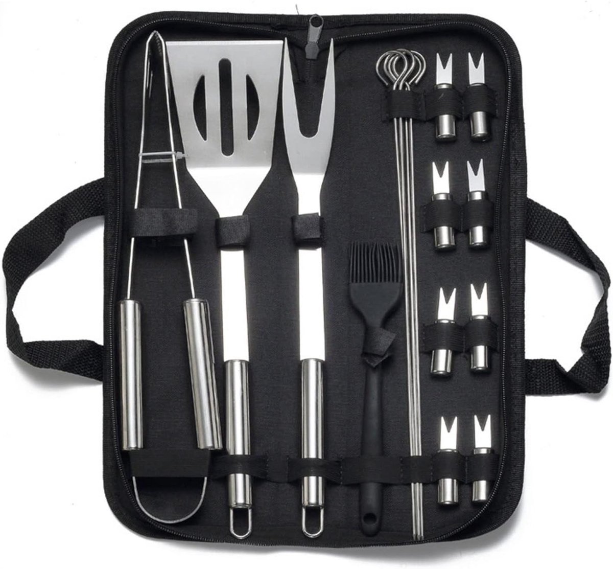 BBQ Gereedschap Set - Grill Accessoires - Buiten Koken - 16 Delig RVS - Draagbare Tas - Zilver