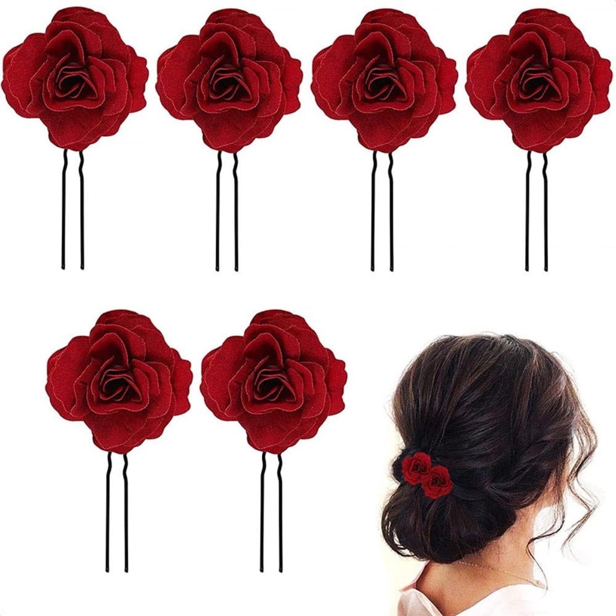 Dailygoods - Cosensi - Set van 6 Handgemaakte Rode Rozen Haarclips voor Bruidsaccessoires