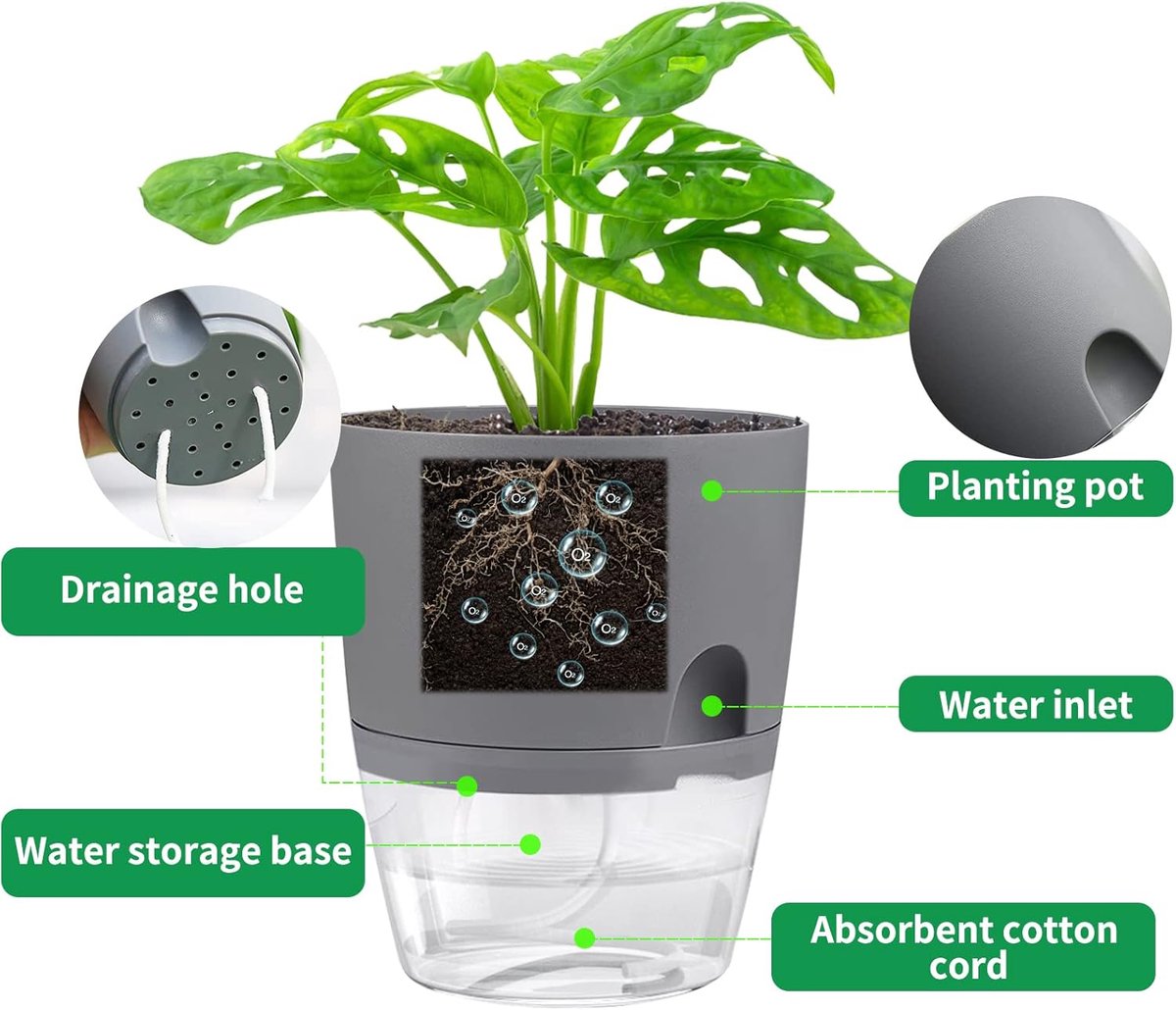 Zelfwaterende Kruidenpotjes Set van 3 – Kruidenpot met Waterreservoir – Bloempot voor Keuken, Vensterbank en Balkon – Moderne Zelfbewaterende Plantenpot voor Binnen — cadeau in Kookcadeaus - foto 8