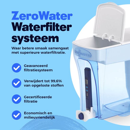 Une carafe filtrante ZeroWater bleu clair avec couvercle ouvert. Texte : « Système de filtre à eau ZeroWater »