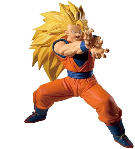 Goku figuur in Super Saiyan 3-vorm, oranje outfit, blauwe band, blauwe polsbanden, blauwe laarzen met rode accenten, met lange gele haren.