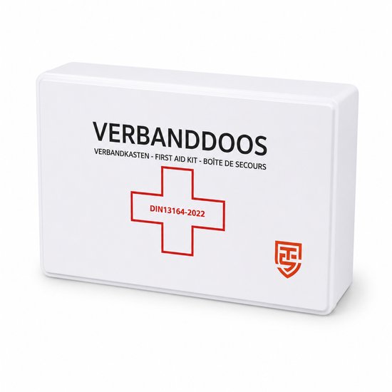 Technosafety Verbanddoos DIN13164-2022 + Wandhouder - EHBO kit - Verbanddoos voor thuis, kantoor en in de auto - Verbandkast - First Aid Kit - Internationaal Goedgekeurd - Noodpakket