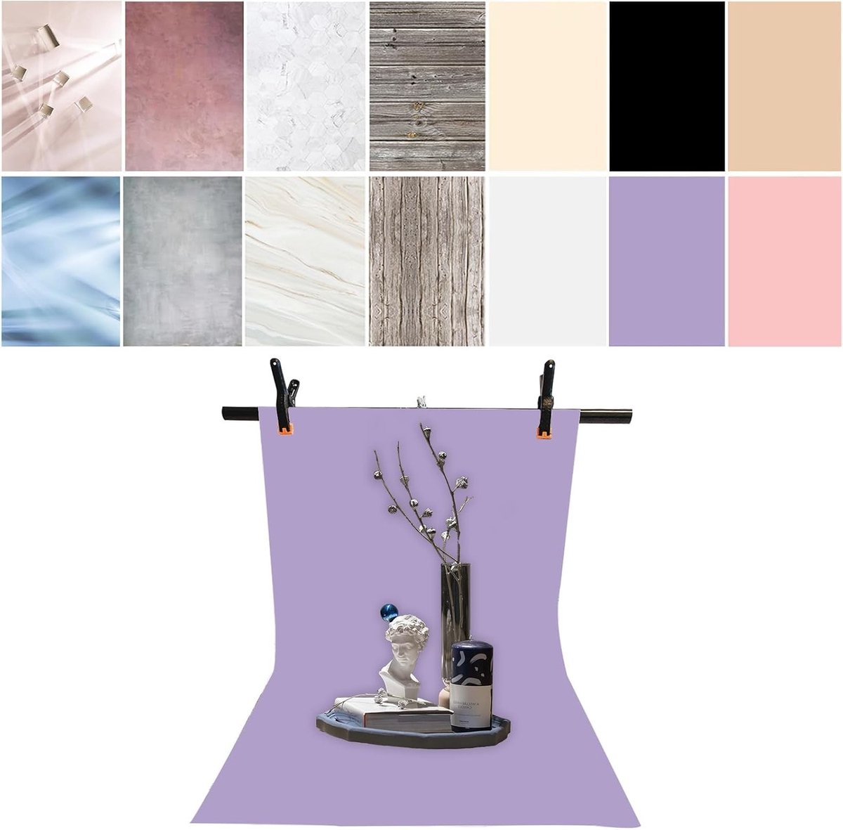 7-delige set dubbelzijdig fotografie achtergrondpapier met standaard, waterdicht en herbruikbaar, 34x23 inch vlakke tafelachtergronden voor product-, voedsel- en juwelenfotografie