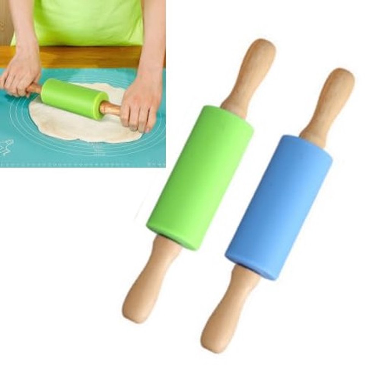 Dailygoods - Dailygoody - Siliconen Deegroller - Anti-aanbak - Klein formaat - Blauw en Groen - Kindvriendelijk - Perfect voor bakken met kinderen - 23,5 x 4,2 cm