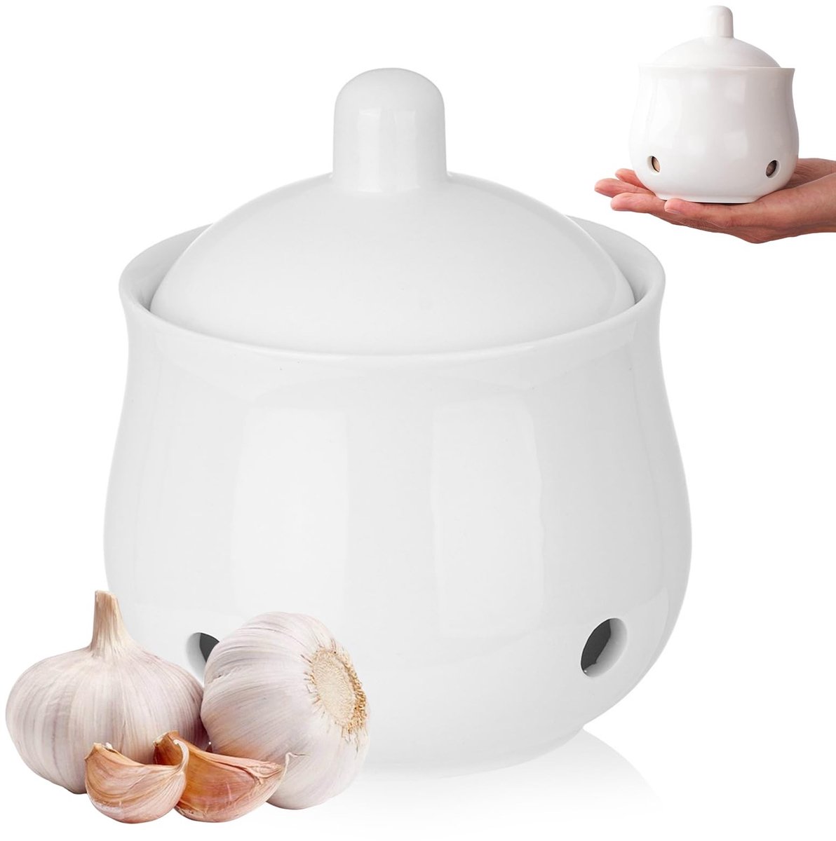 Dailygoods - Dailygoody - Keramische Knoflookpot met Ventilatiegaatjes - 350ml Bewaarpot voor Knoflook en Uien