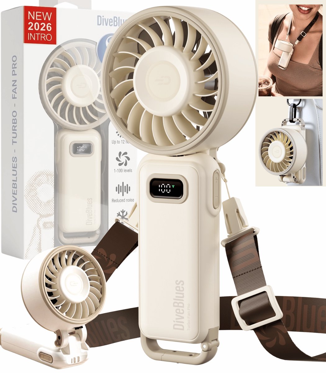 Diveblues® Oplaadbare Handventilator AIR 100 – Krachtige High Speed Airflow – 100 Snelheden – LED Display – Tot 12 uur gebruik - Koelt écht