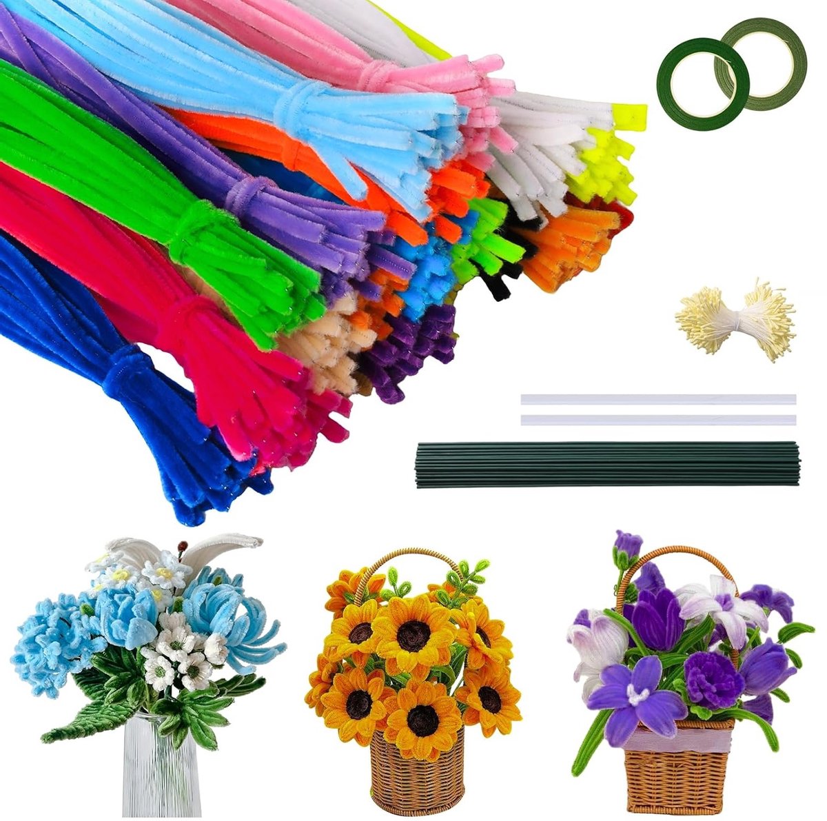 500 stuks kleurrijke pijpenreinigers voor knutselen, DIY bloemen en creatieve projecten, inclusief bloemenstokken en plakband