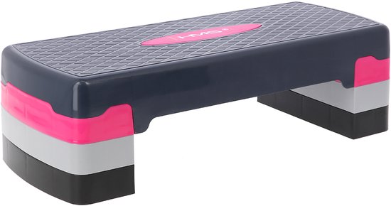 Grijze aerobics stepper met roze, witte en zwarte lagen. Met grijs geruit oppervlak en roze HMS logo.