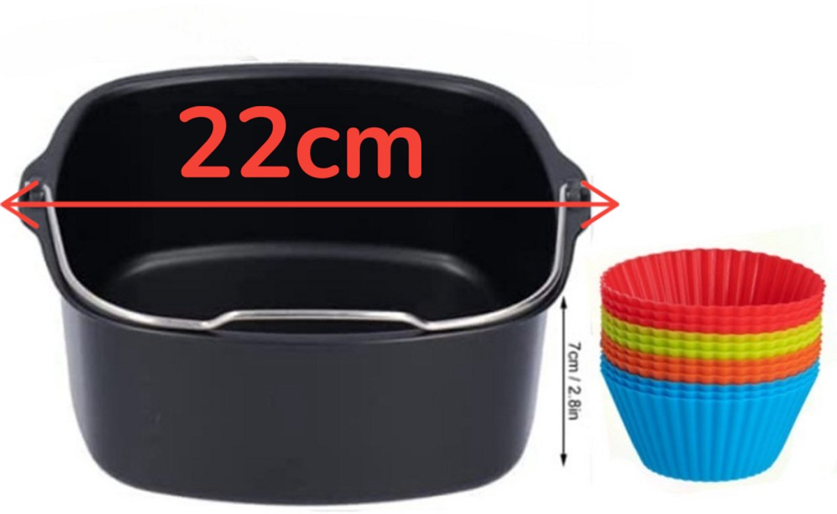 Accessoires voor de airfryer - vierkante antiaanbak bakvorm - Ongeveer 17,78 cm - Vierkante bakvorm voor airfryer - Zwart - Roestvrijstalen bakvorm - Inclusief 6 mokken - Herbruikbare bakvorm - Broodbakmand — afbeelding 2