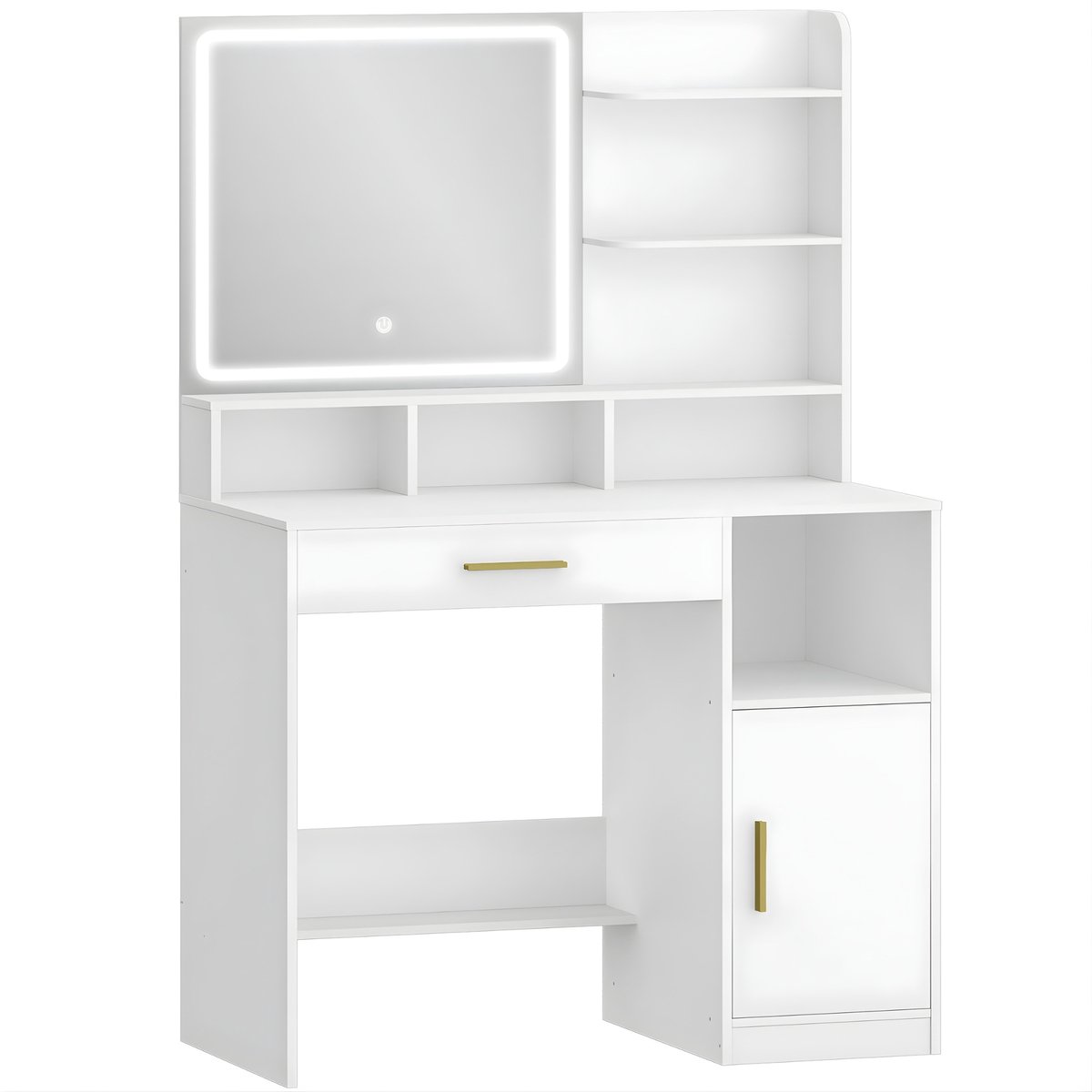Happiq Kaptafel – Voor Slaapkamer – Dressing Table met Spiegel, LED-Verlichting, 3 Planken, 4 Open Vakken, Lades en Kasten – Wit / Modern White