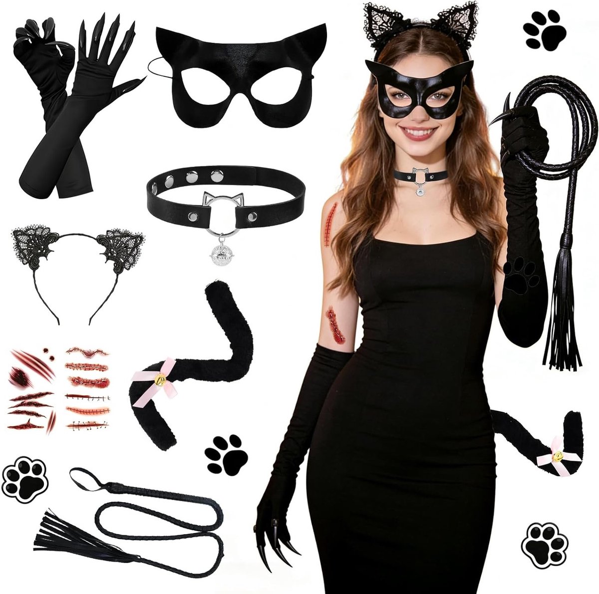 Dames dierenkostuum met kattenoren, masker, handschoenen en staart voor Halloween en carnaval, inclusief choker en zweep