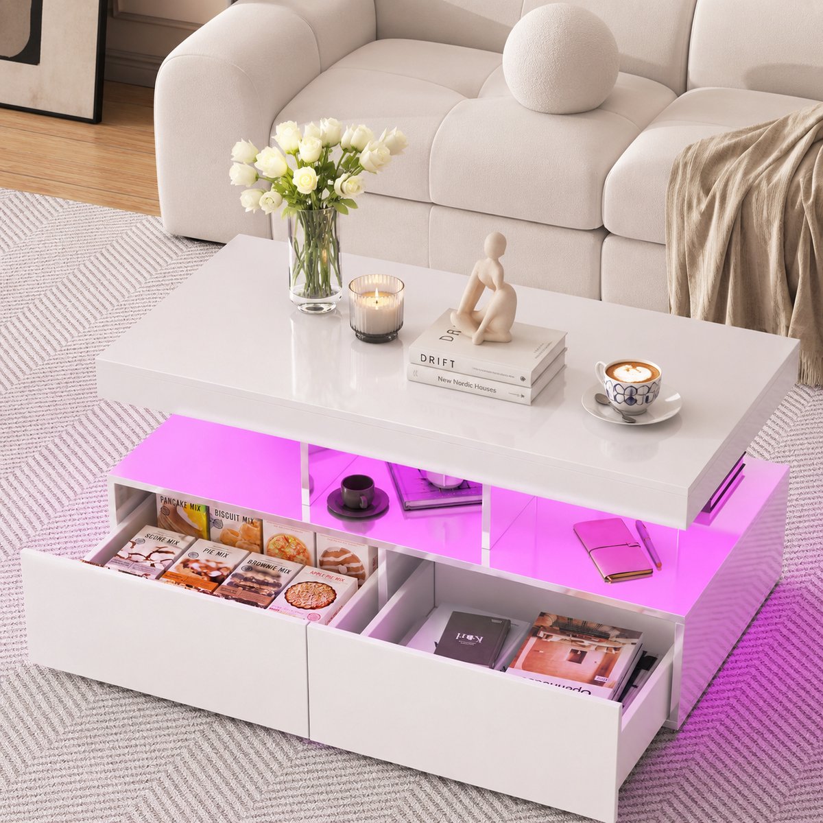 Salontafels Glanzende - Koffietafel met LED Verlichting En 2 Lades - Sterk 60kg - Woonkamer Tafel - 105x53x46cm - Spaanplaat - Wit