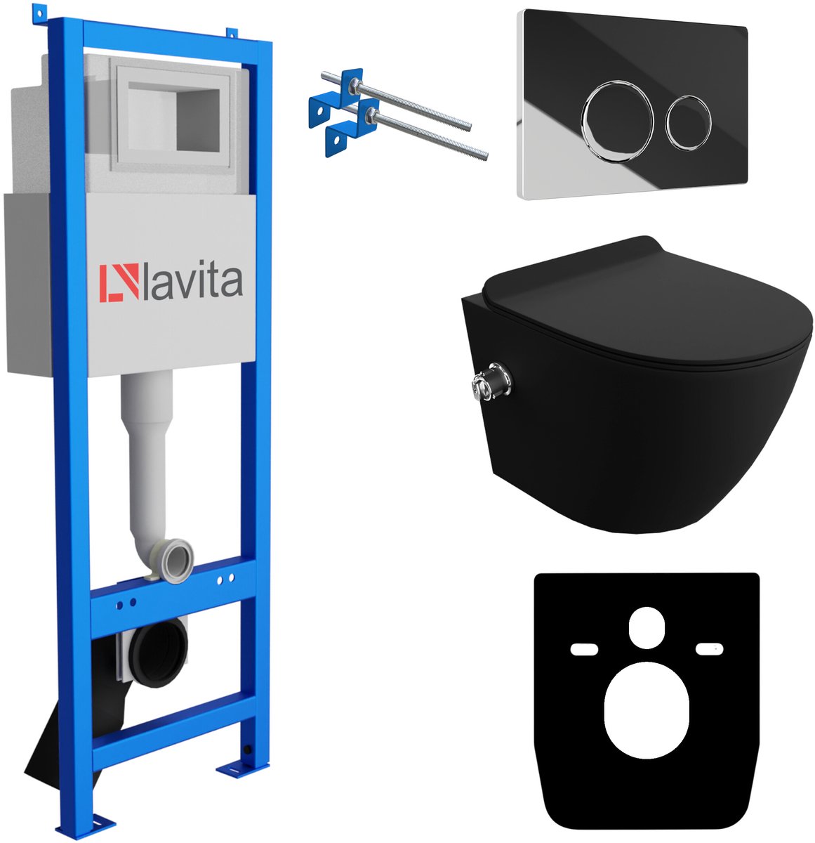 LAVITA® Inbouwreservoir Complete Toiletset LAV 101 - Inbouw WC Hangtoilet Wandcloset SALTO BLACK Zwart Mat - Bedieningsplaat 200.4.2 Chroom - Voorwandelement voor toilet 40cm - Installatiesysteem
