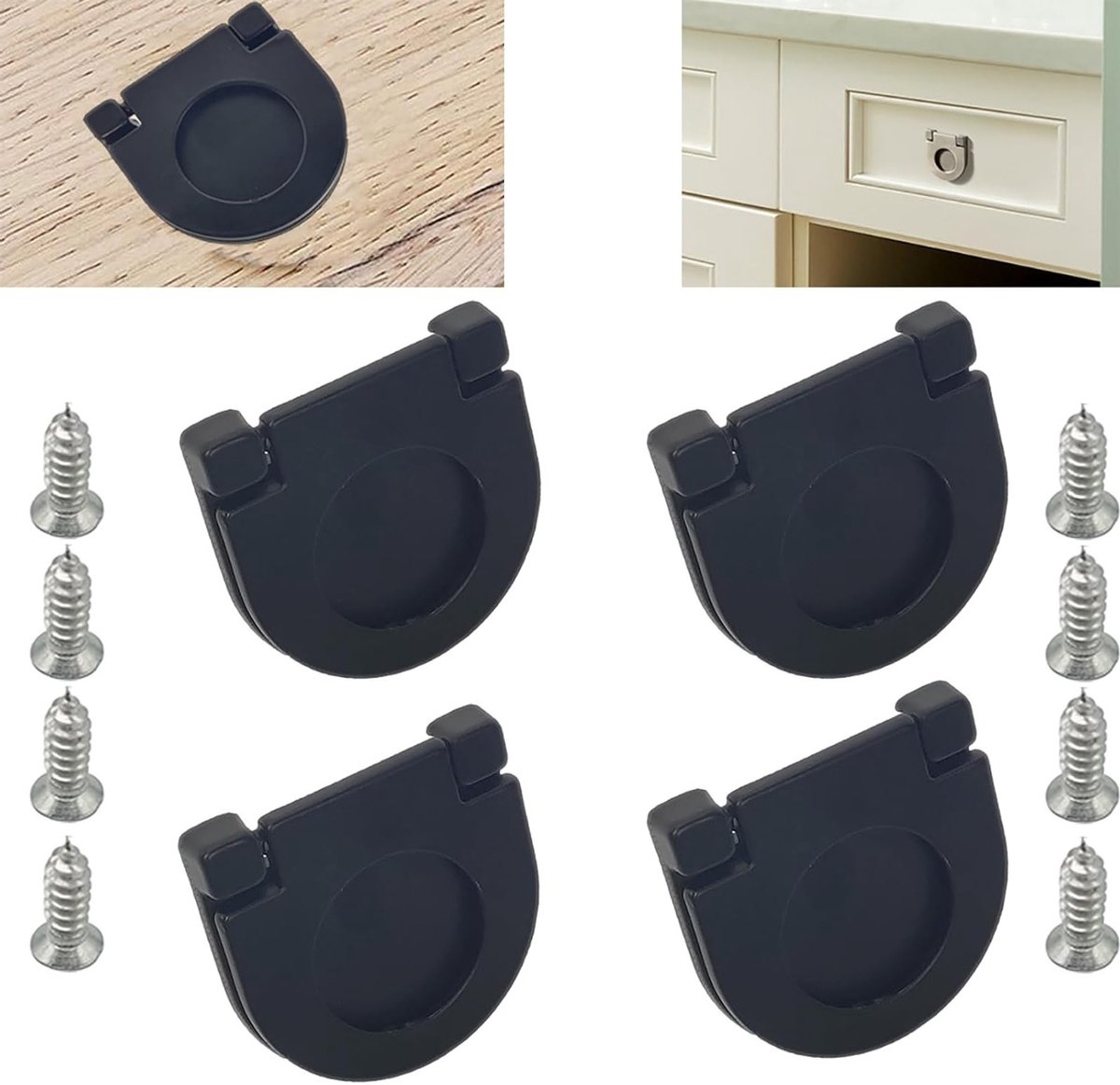 Set van 4 Onzichtbare Handgrepen | 35mm Knoppen voor Keukenladen en Kasten | Inclusief Schroeven en Horizontale Handgrepen voor Keukenmeubels (Zwart)