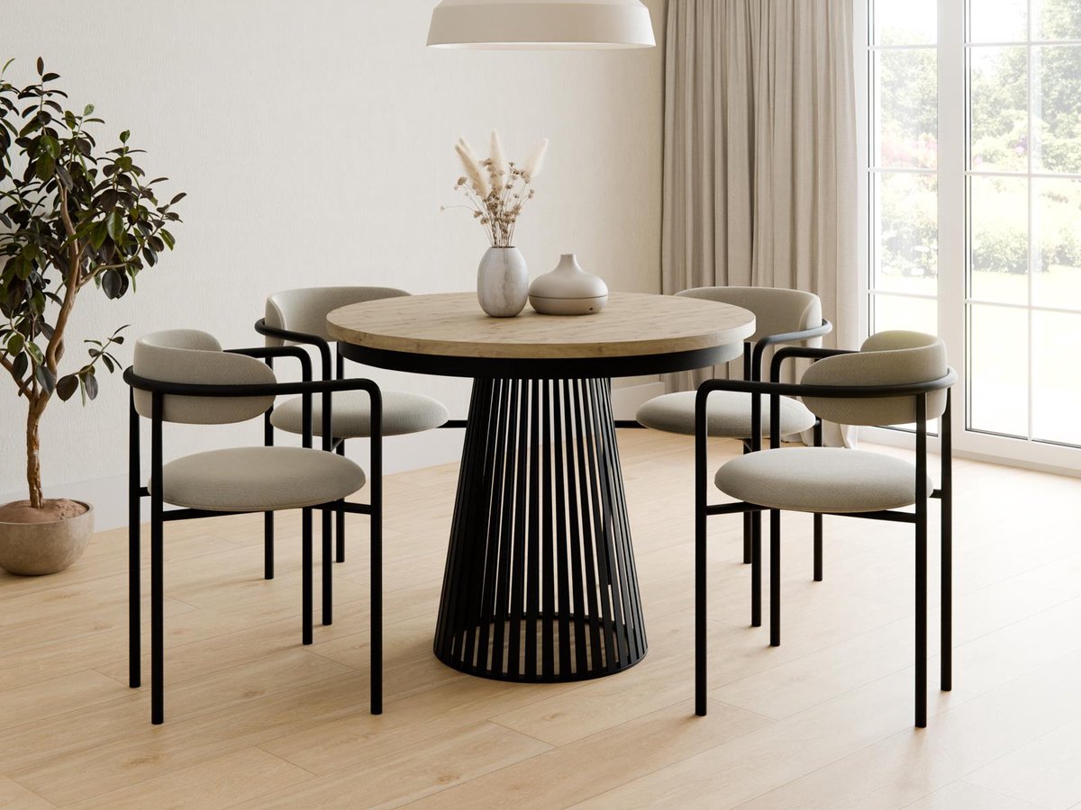 Compleo24- Ronde Eettafel-met lattenbodem-moderne ronde Eettafel-Artisan Eiken 100 cm- Eettafel met geribbelde basis