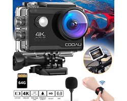 Action Camera 4K – 20MP / 60FPS / WiFi / 40M Waterdicht – Actiecamera – Onderwatercamera – Externe Microfoon – Inclusief Accessoires – Gratis App – Onderwatercamera – Beeldstabilisatie EIS – Lader – Afstandsbediening – Inch.64GB Karte