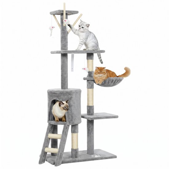 Grijze kattentoren met huisje, ladders, platforms, mand en drie katten.