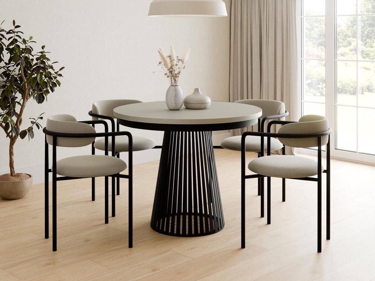 Compleo24- Ronde Eettafel-met lattenbodem-moderne ronde Eettafel-Cashmere-Schwarz- 100 cm- Eettafel met geribbelde basis