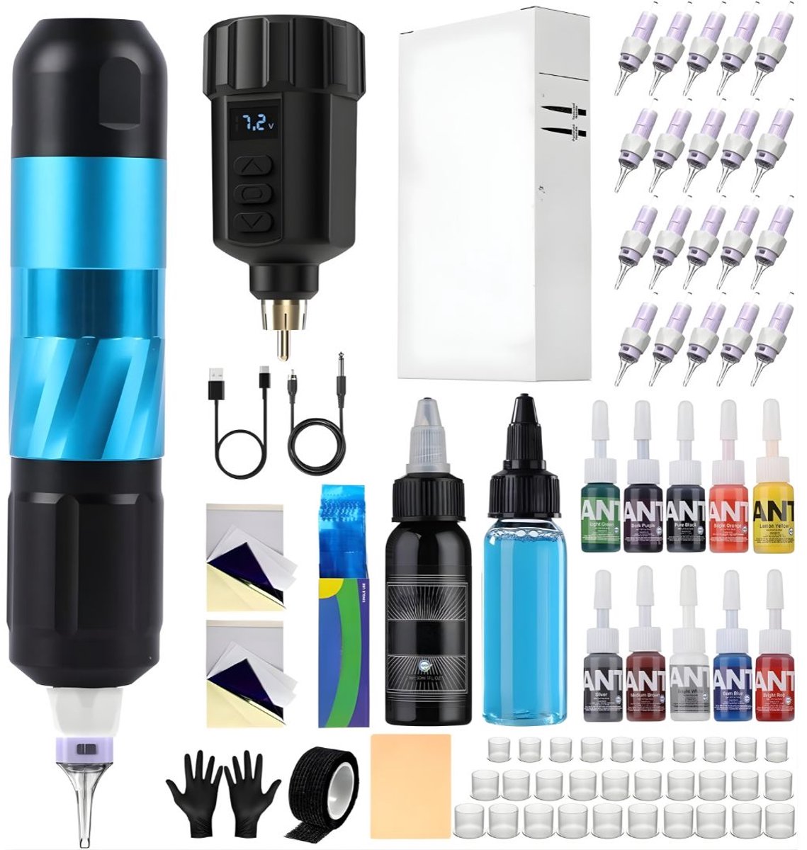 KAD® Tattoo Machines - Tattoo Set voor Beginners & Professionals - Professionele Tattoo Machine Pen Kit - Blauw - 19cm x 16cm x 15cm
