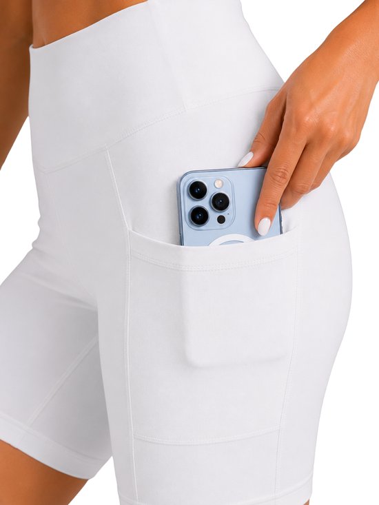 Pantalon de Sport court - Avec poches - Mi-long - Super doux - Leggings à poches courtes - Shorts - Femme - Pantalons de sport - Leggings de sport - Shorts - Avec poches - Confortable - Wit - Taille XS