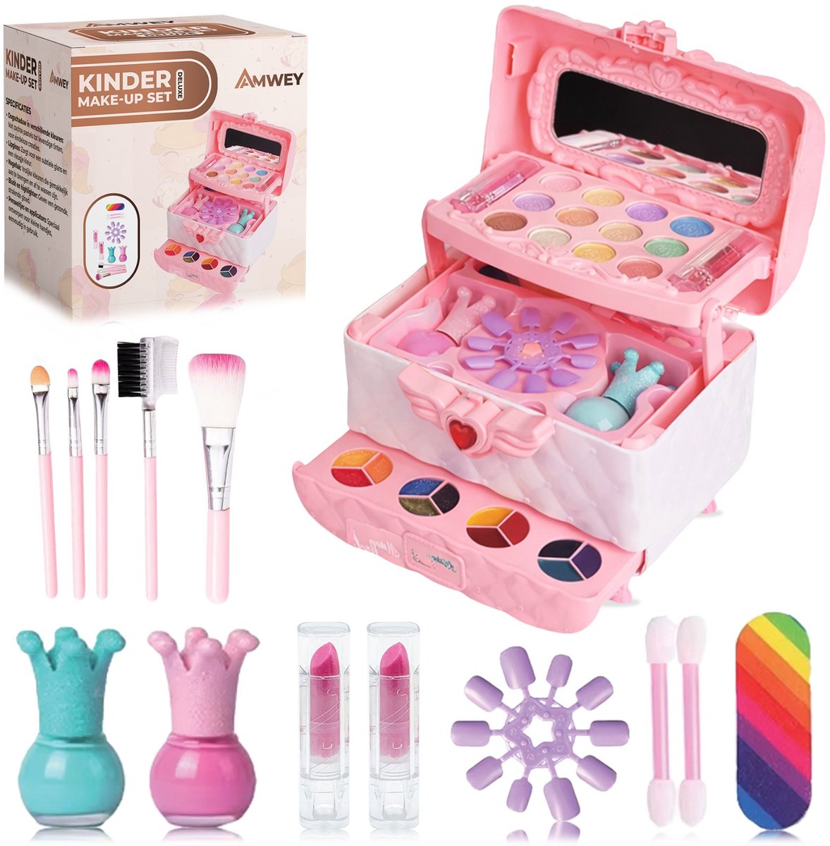 AMWEY® Kinder Make-up Set met Opbergdoos – Wasbare Make-up voor Kinderen – Speel Make-up Kit met Spiegel, Oogschaduw & Lippenstift – Beauty Speelgoed voor Meisjes – Cadeau voor Kinderen