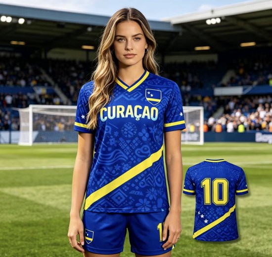 Curacao Dames/Heren/Unisex T-Shirt - Maat: S - Tshirt / Voetbalshirt - Curacao / Korsou - Nederlandse Antillen - Hoge Kwaliteit - Blauw & Geel - WK2026 / Voetbal - Curacao Elftal / Blue Wave - Merchandise - Shirt met Curacaose Vlag