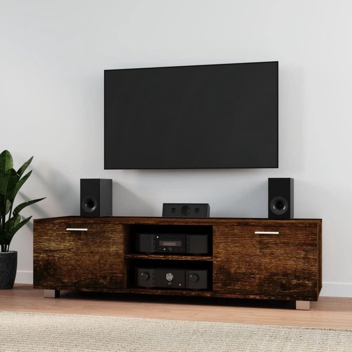 Tv-kast hout - Mediameubel - Media opslag - Met kabelmanagement - 140 cm - Rookeiken