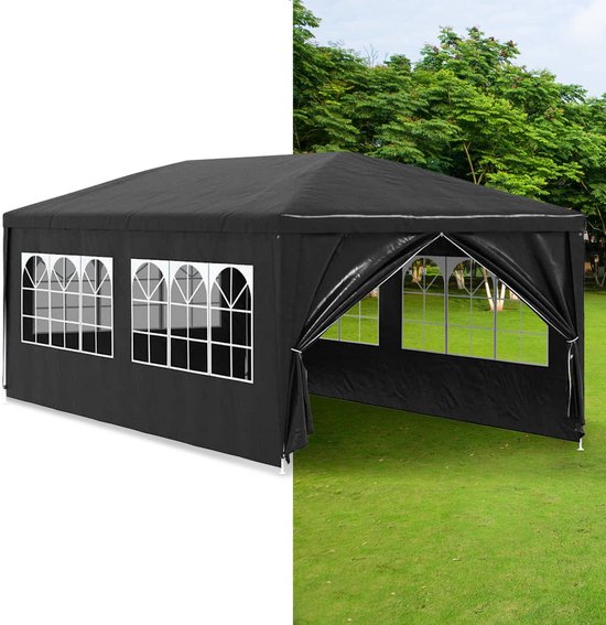 Zwarte partytent 3x6 m met gebogen ramen op een groen gazon, deels met open zijde.
